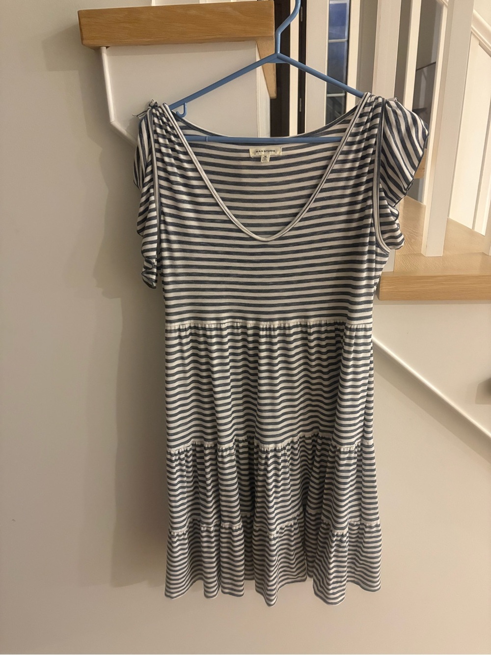 Max Studio Navy and White Striped Tiered Scoop Neck Dress